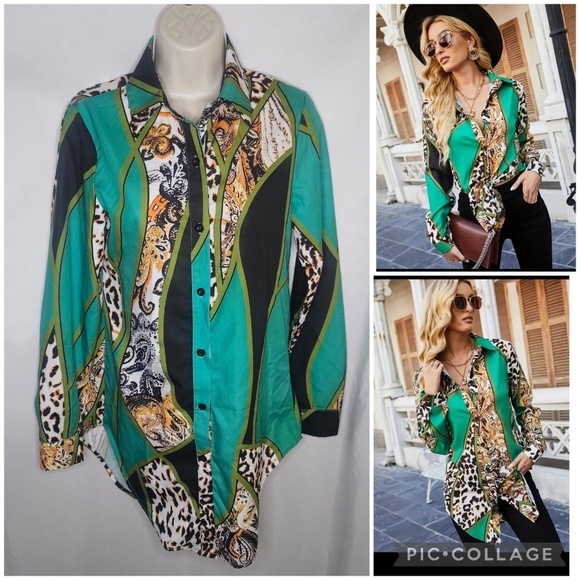 Womens Urbanic Leopard Print Green Colorblock Long Sleeve Button Front Shirt XS - Picture 1 of 9